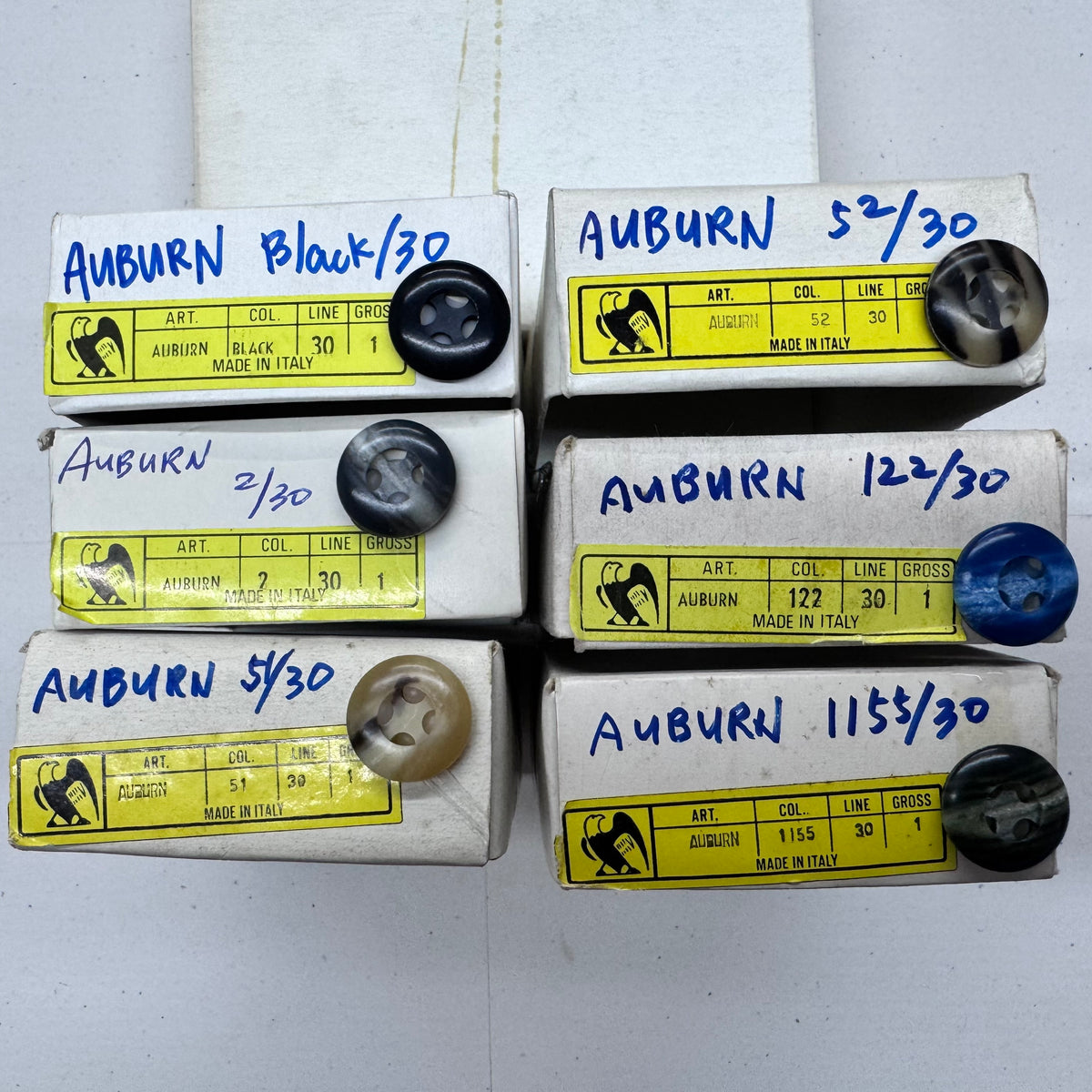 AUBURN Made in Italy 4-Hole Marbled Sewing Buttons – 30L, 36L & 40L – 1 Gross Wholesale Boxes