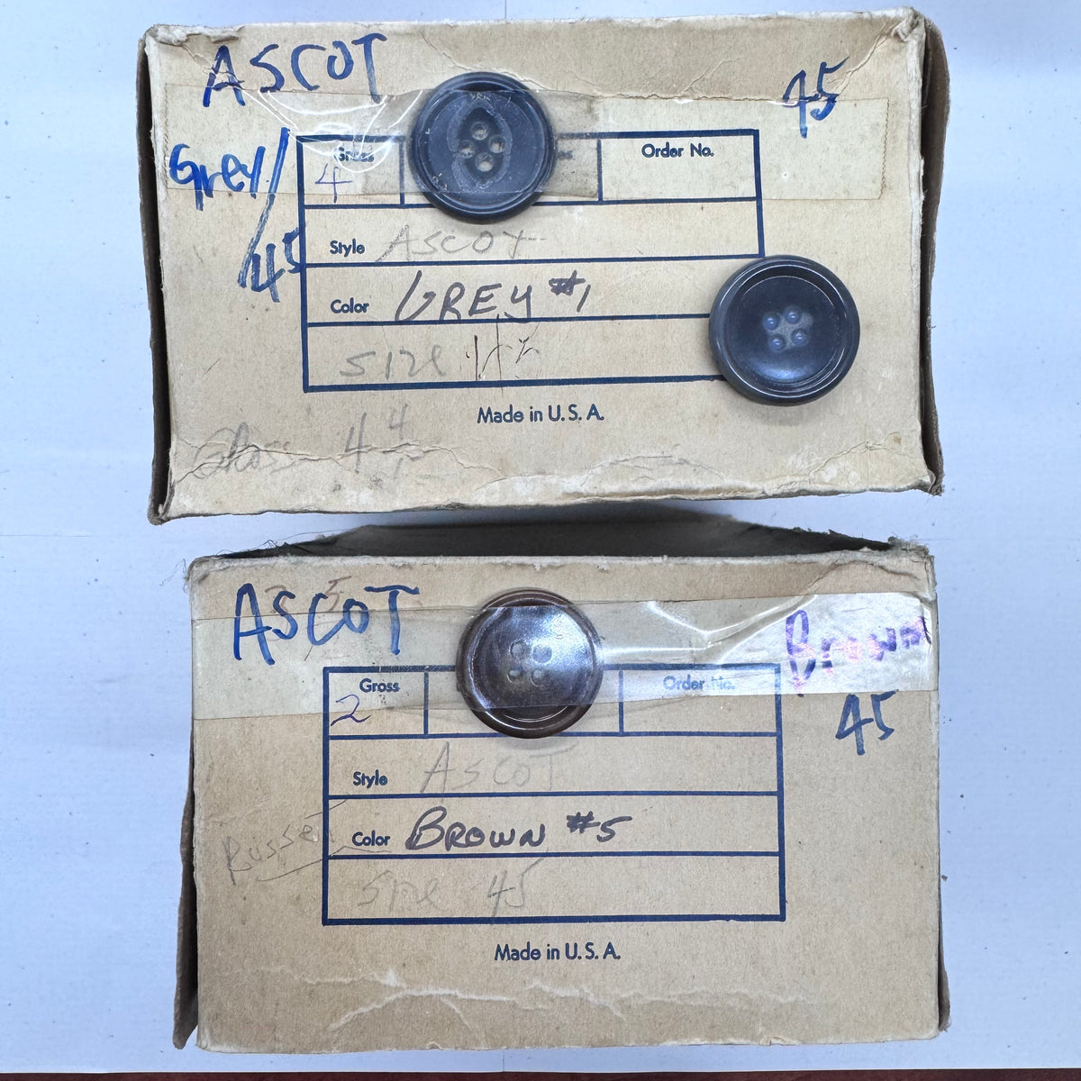 ASCOT 4-Hole Sewing Buttons – 40L, 45L & 50L – Grey & Brown – Wholesale Gross Boxes